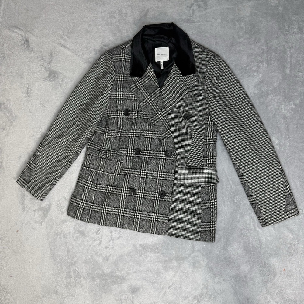 Avec Les Filles Mixed Plaid Blazer L Double Breasted Black Velvet Collar